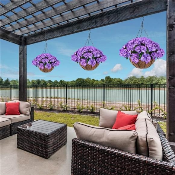 Artificial Flowers Hanging Basket with Begonia Silk Flowers for Outdoor/Indoor - Picture 3 of 6